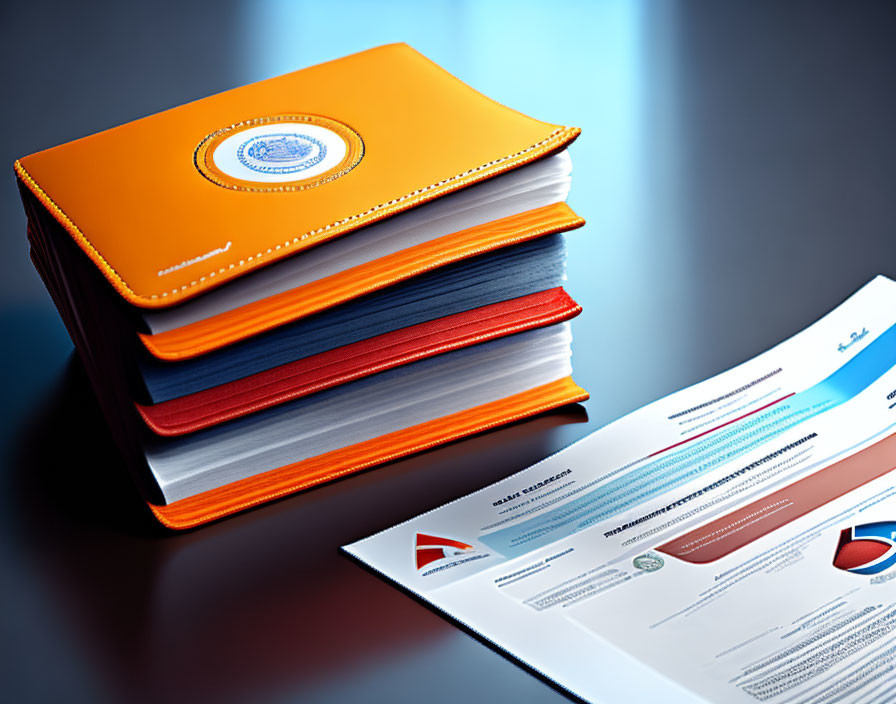 Orange and Blue Binders with Embossed Seal and Business Documents on Reflective Surface