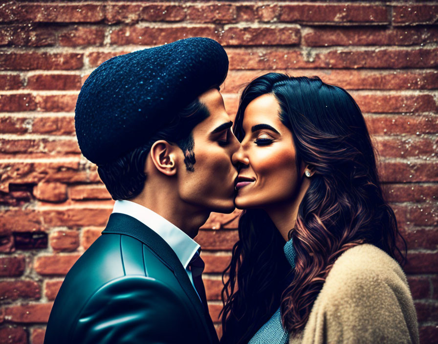 Elegant couple touching foreheads near brick wall with vivid colors.