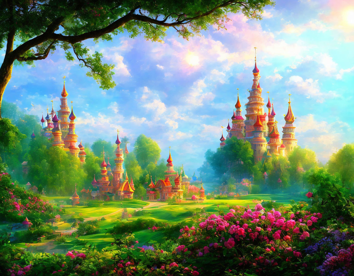 Landscape with fairytale castles, gardens, and pink flowers