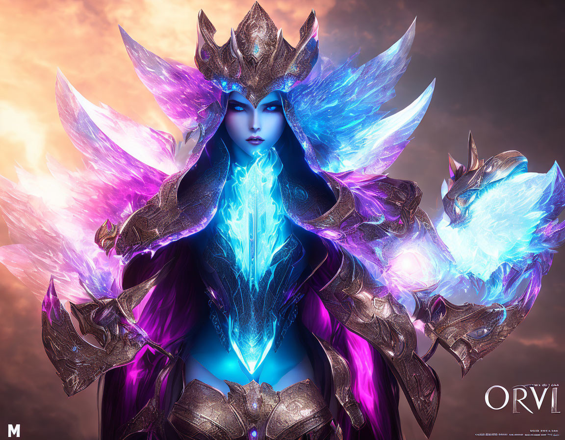 Glowing blue female warrior in ornate purple armor with energy-infused crystals