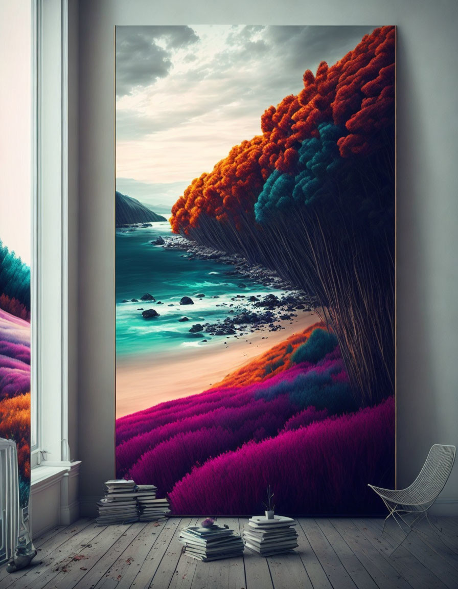 Colorful Coastal Landscape Artwork in Modern Room with Chair and Books