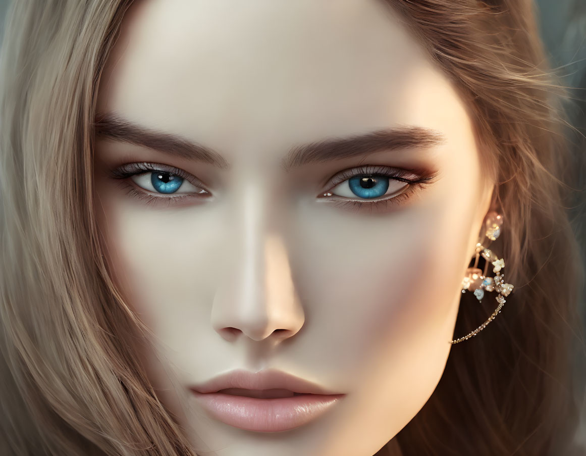 Portrait of woman with blue eyes, blonde hair, subtle makeup, and ornate earring