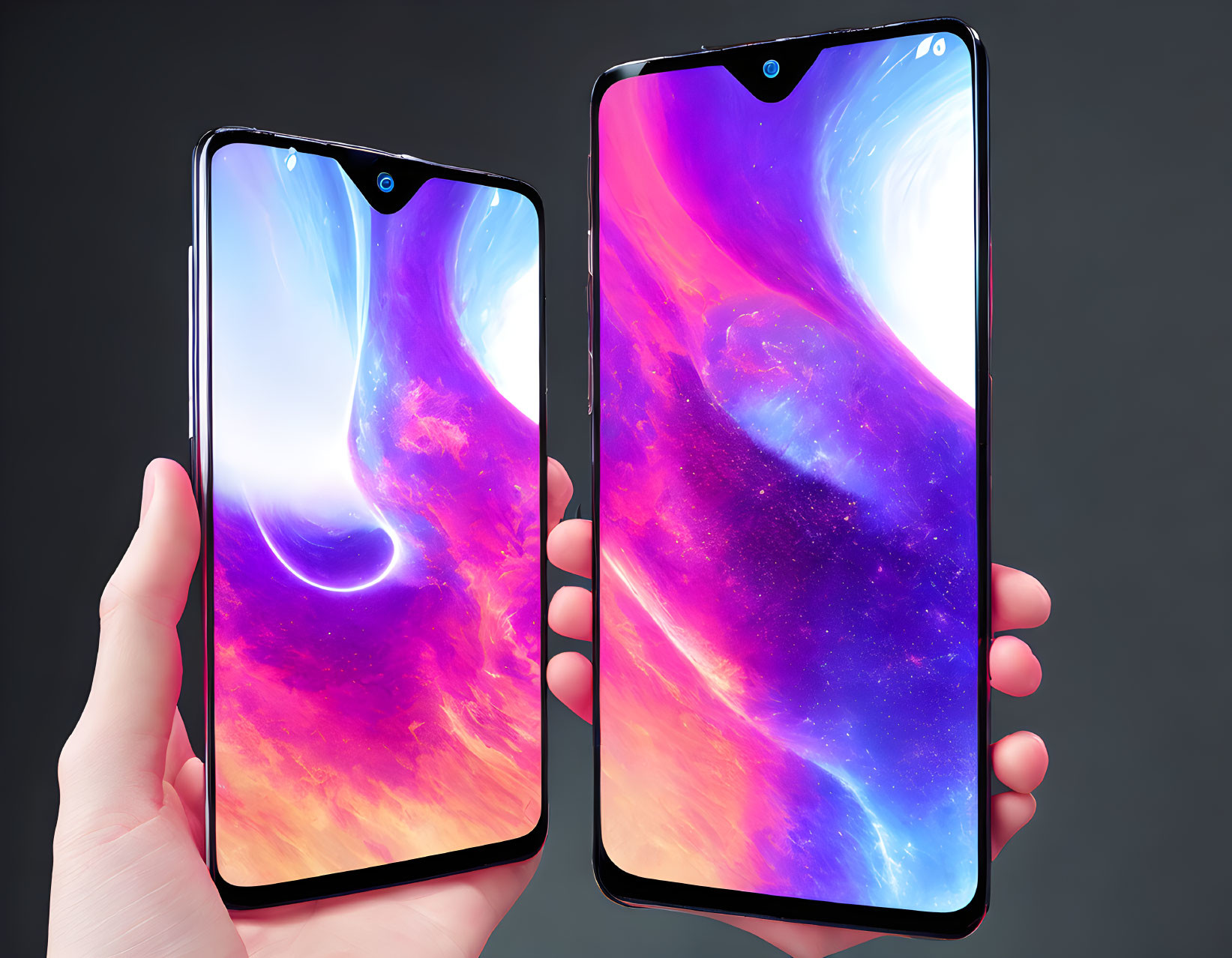 Dual smartphones with cosmic wallpapers and edge-to-edge displays.