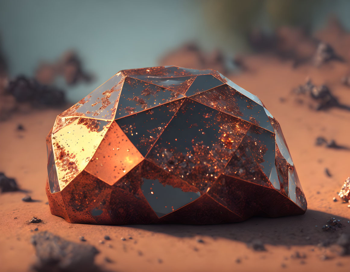 Faceted Coppery Gemstone Sparkling on Sandy Surface