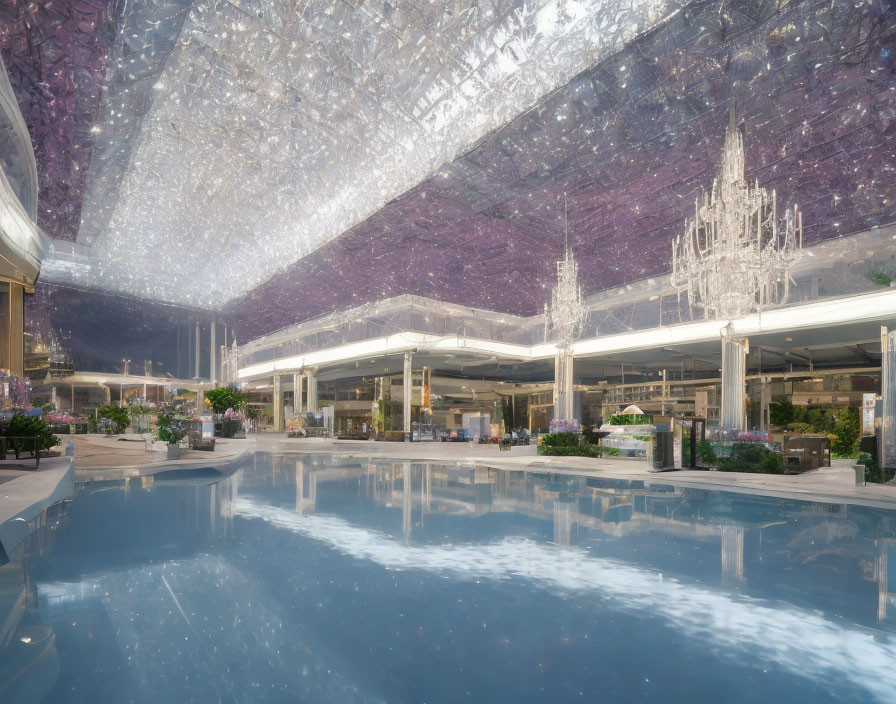 Luxurious Indoor Space with Reflective Pool & Crystal Chandeliers