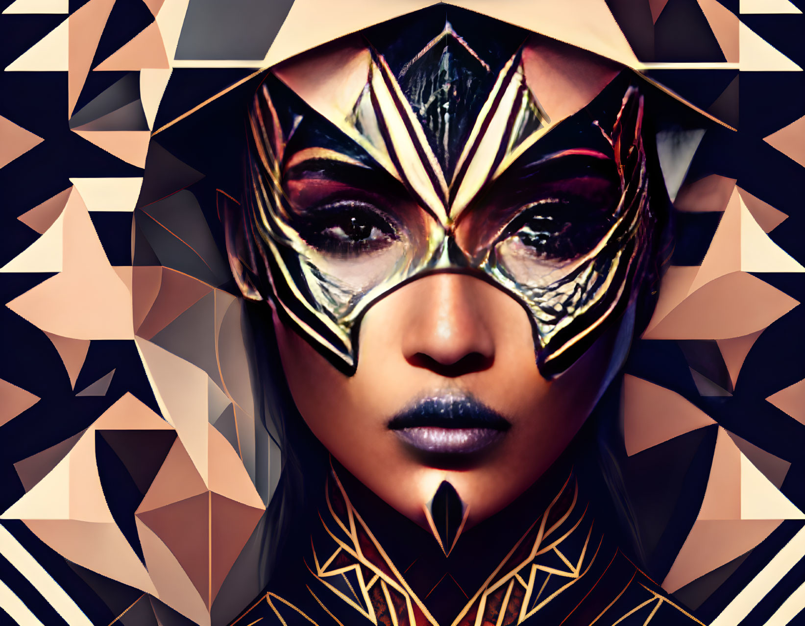 Golden geometric face makeup and headpiece on person against triangulated background.