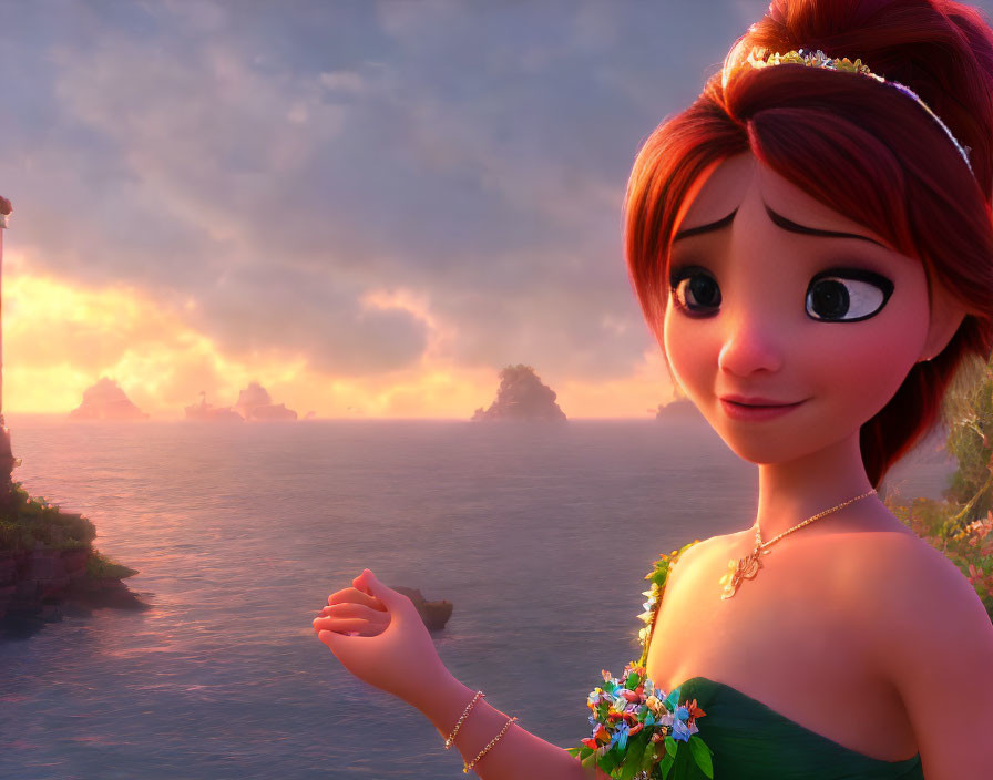 Red-haired animated character in green dress admires ocean sunset with distant islands