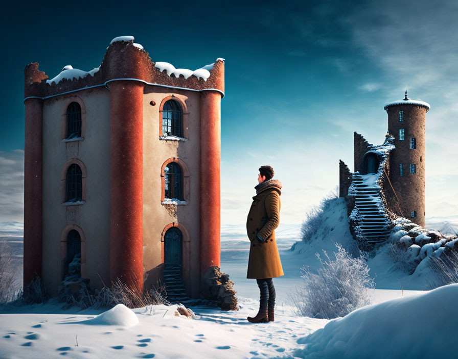 Person in yellow coat gazes at whimsical castle in snow