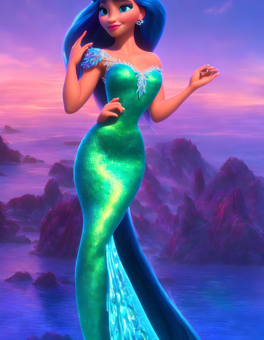 Vibrant animated mermaid with blue hair and green tail in sunset seascape