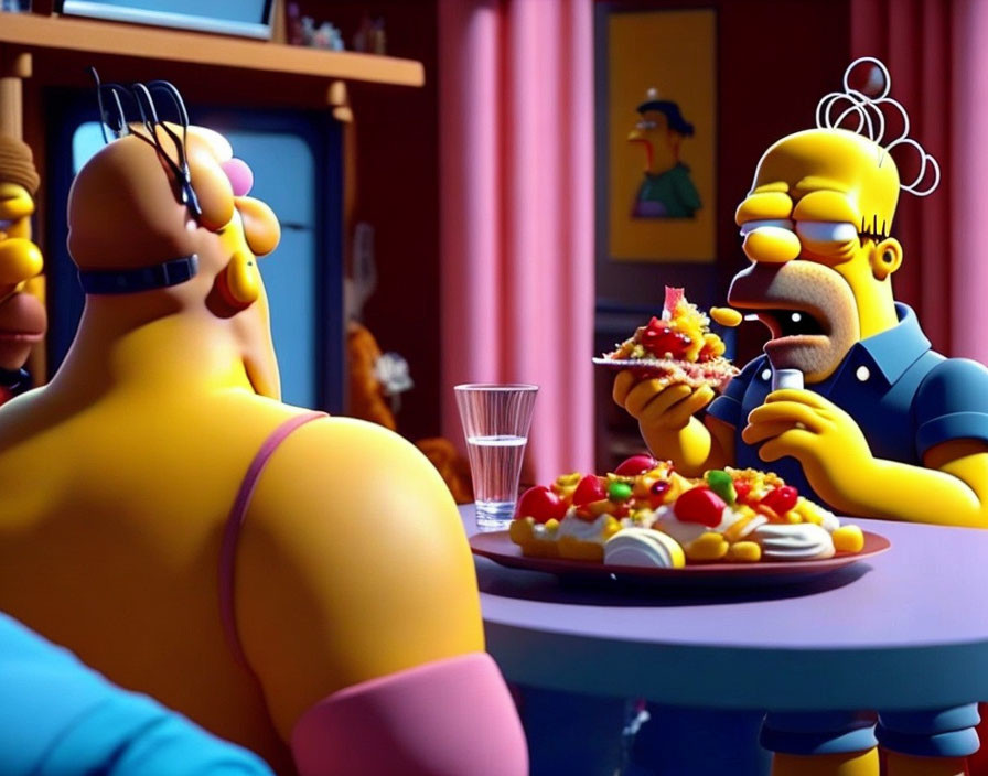 Animated characters from popular TV show seated at table eating pizza.