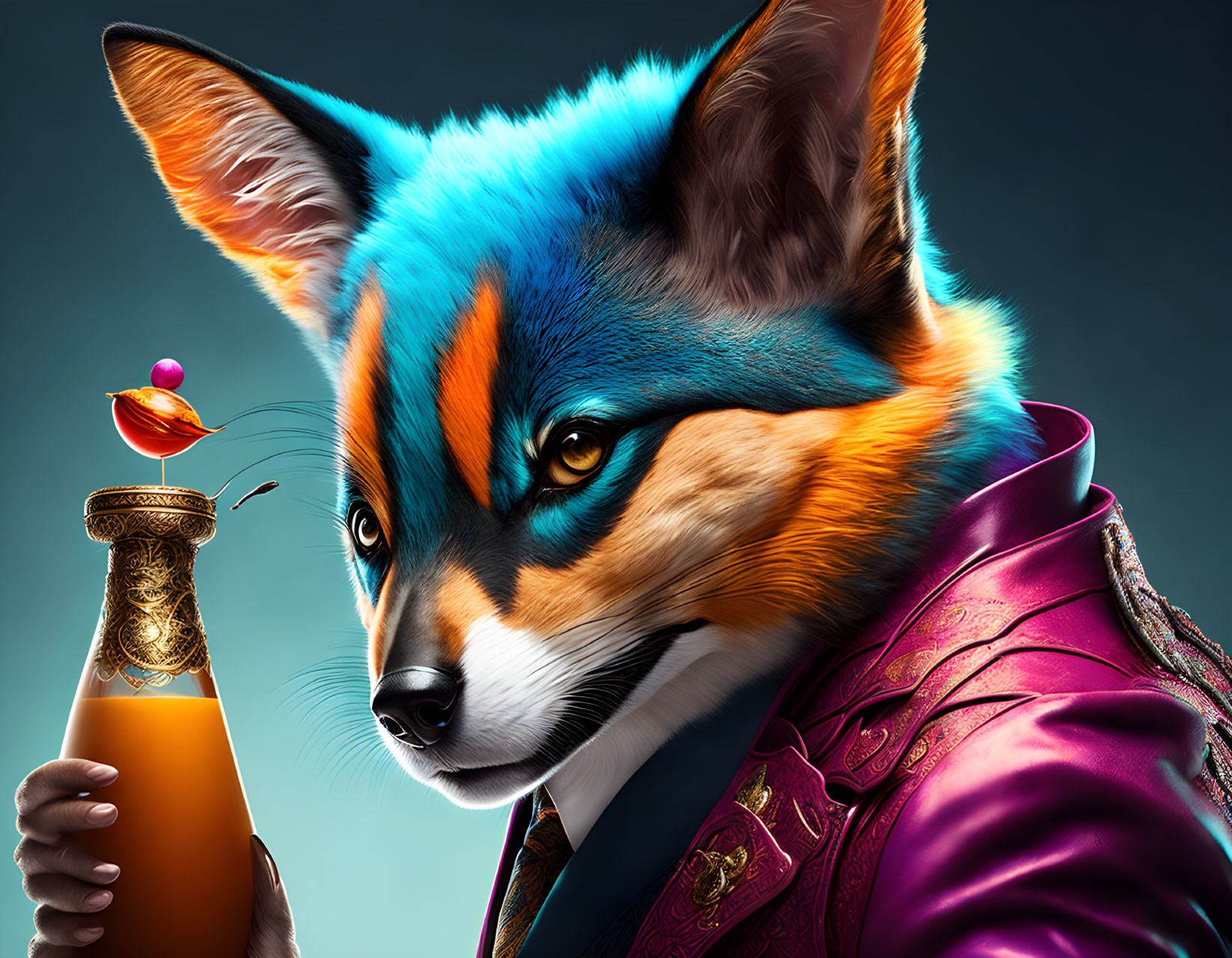 Regal anthropomorphic fox in attire with potion bottle and butterfly