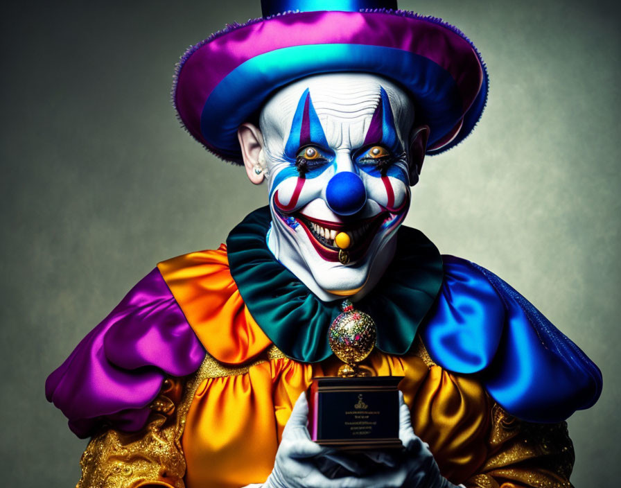 Colorful Clown in Exaggerated Makeup and Vibrant Attire Holding Object