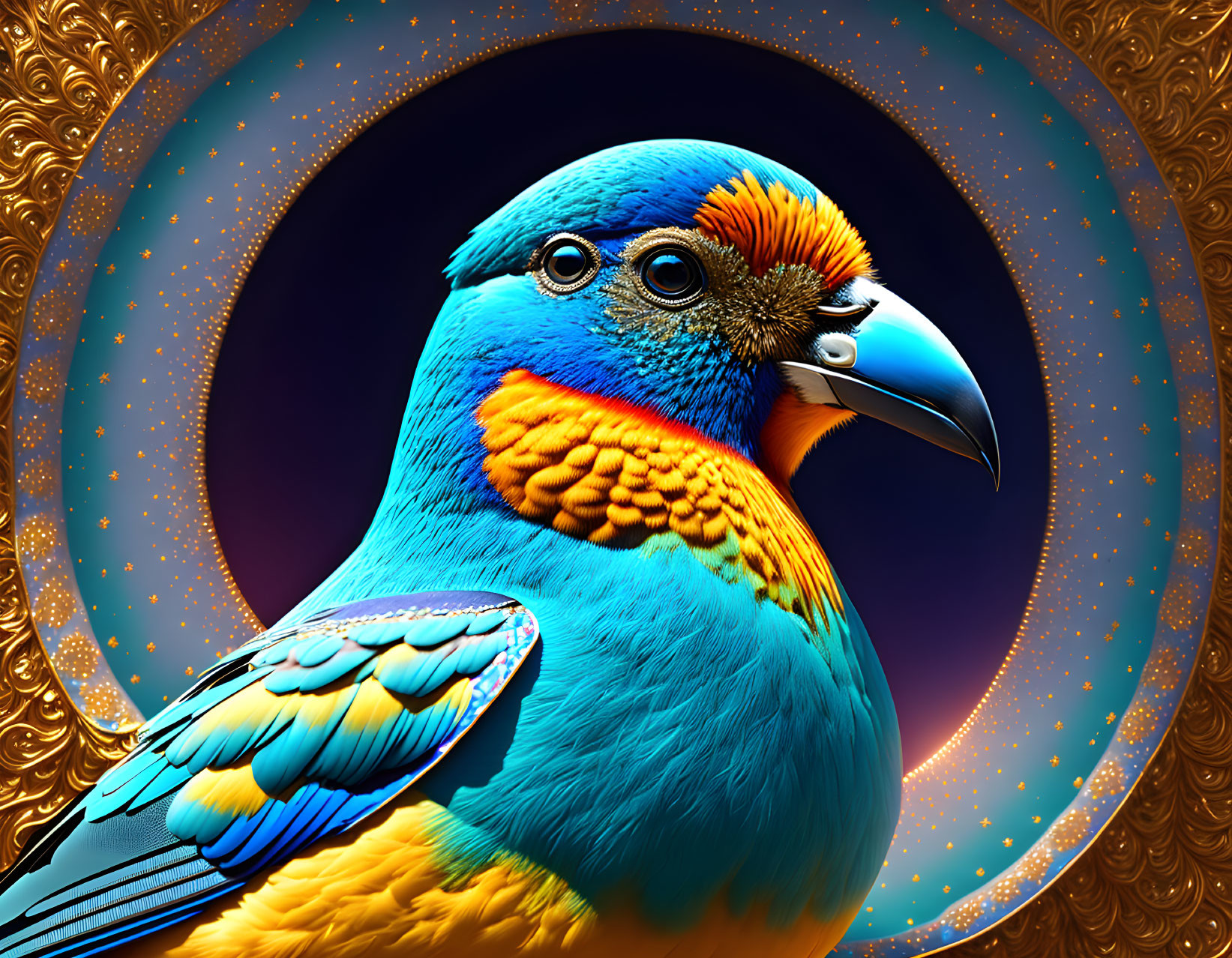 Colorful digital artwork: Blue and orange bird with sharp beak on intricate circular background