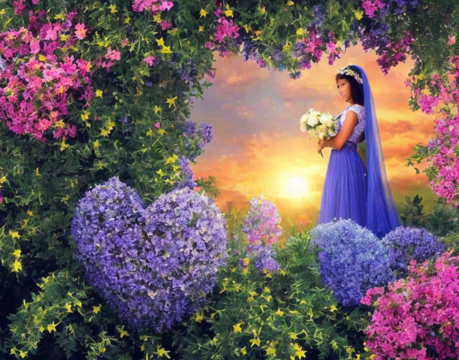 Girl in Blue Dress with Floral Wreath Surrounded by Vibrant Flowers at Sunset