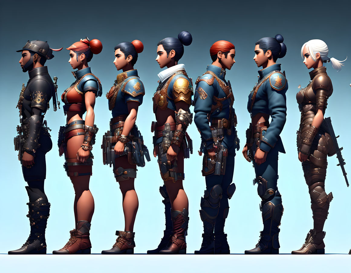 Fantasy armor designs in blue and brown on eight animated characters