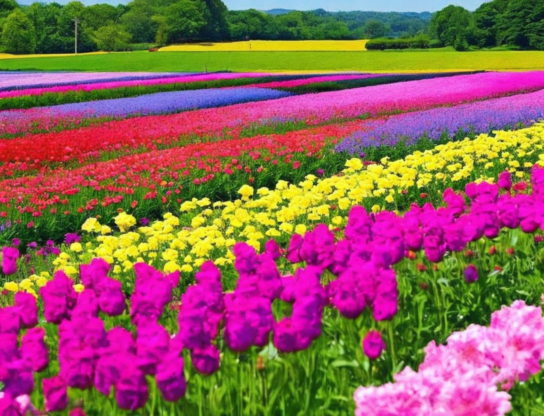 Colorful Tulip Field Blooming Under Blue Sky