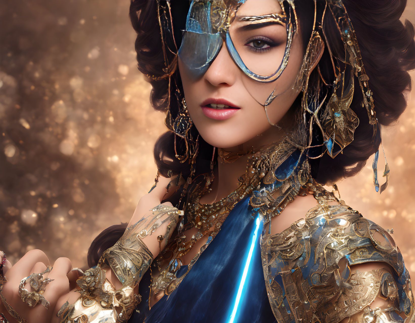 Elaborate gold armor woman in vibrant blue attire