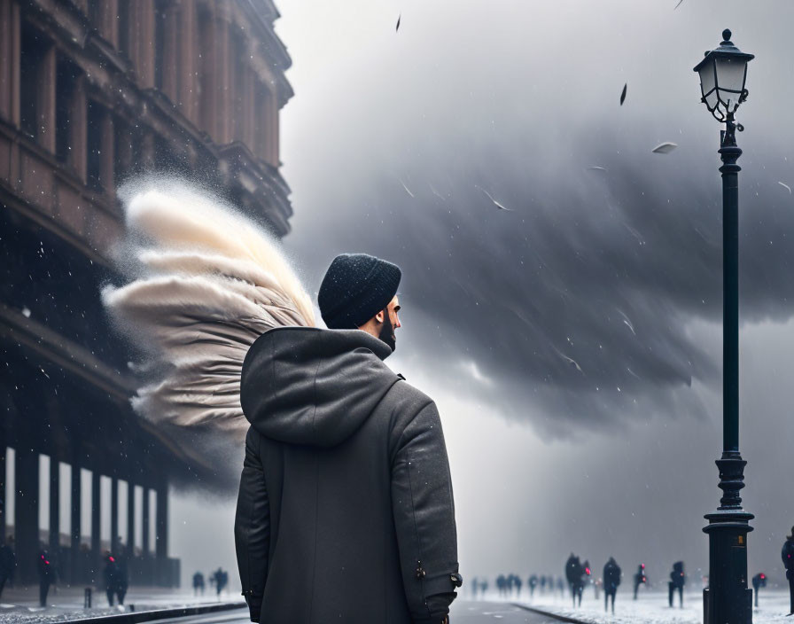 Man in beanie and glasses on street with surreal feather vortex under dark sky