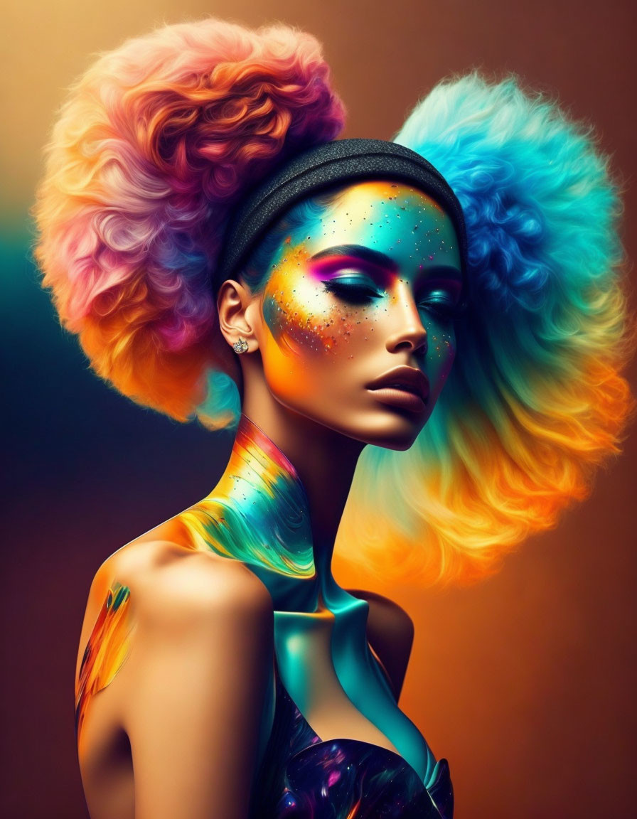 Colorful Afro Hairstyle and Makeup on Woman Against Gradient Background