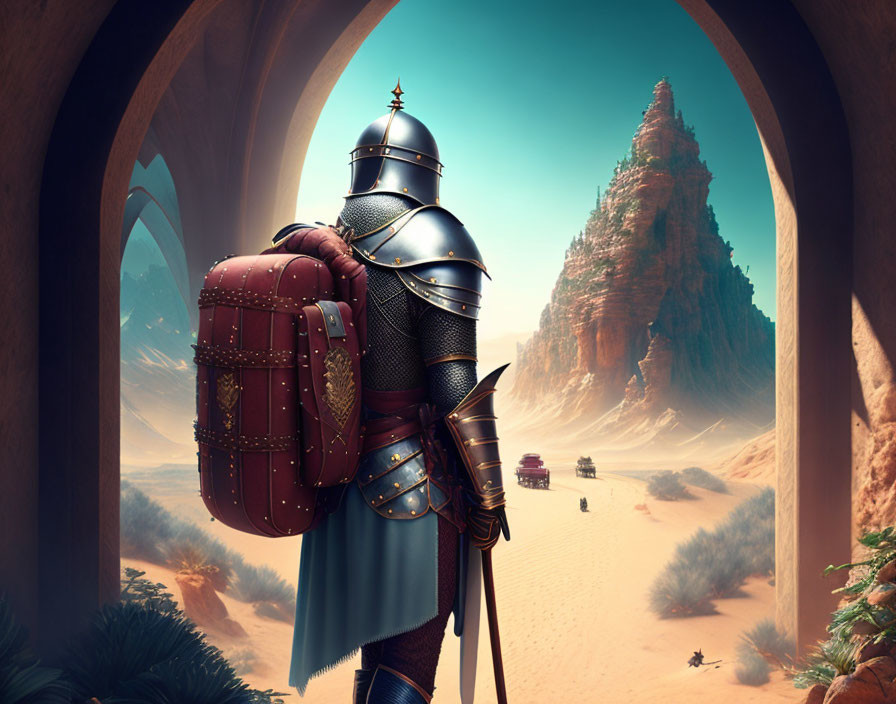 Knight in Full Armor Observing Desert Landscape with Caravans