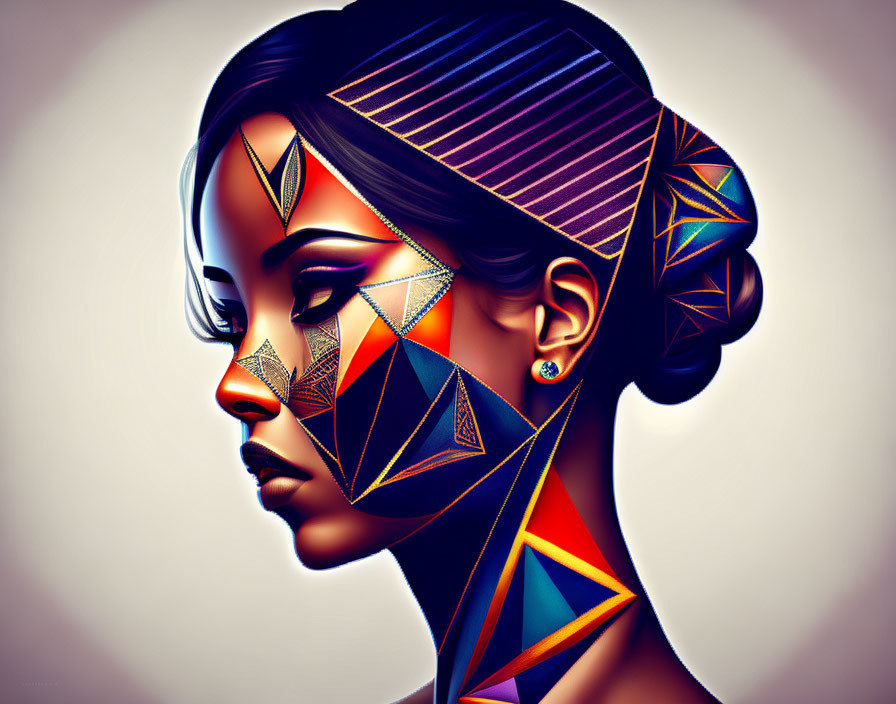 Colorful geometric profile portrait of a woman on gradient backdrop