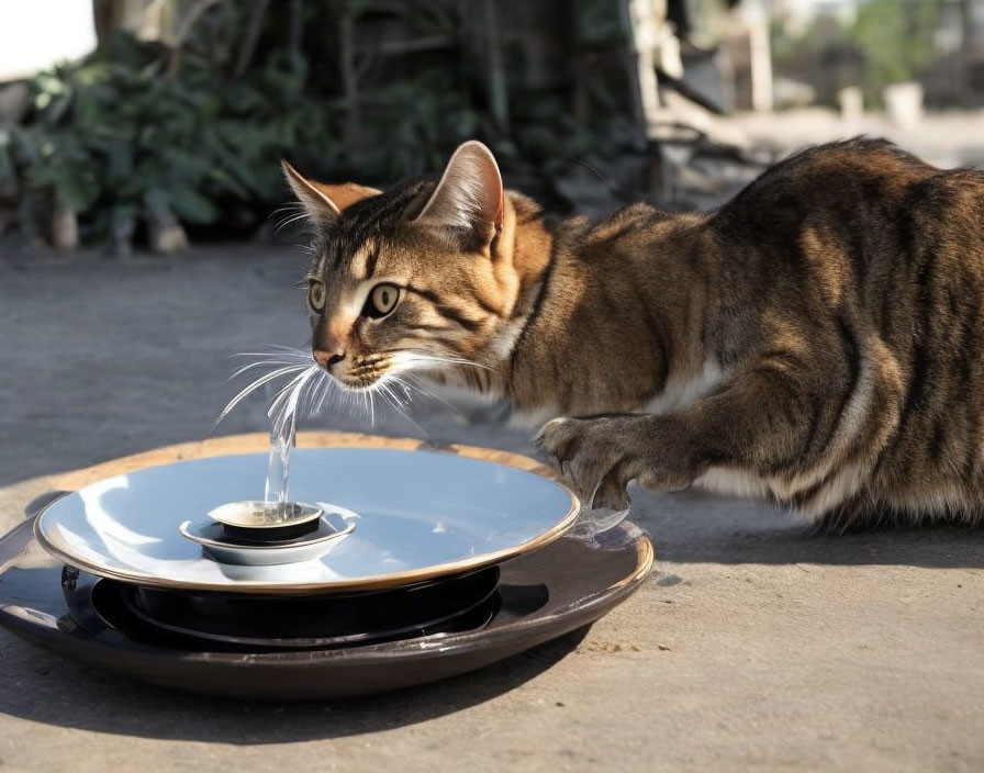 Tabby cat exploring a small outdoor water fountain