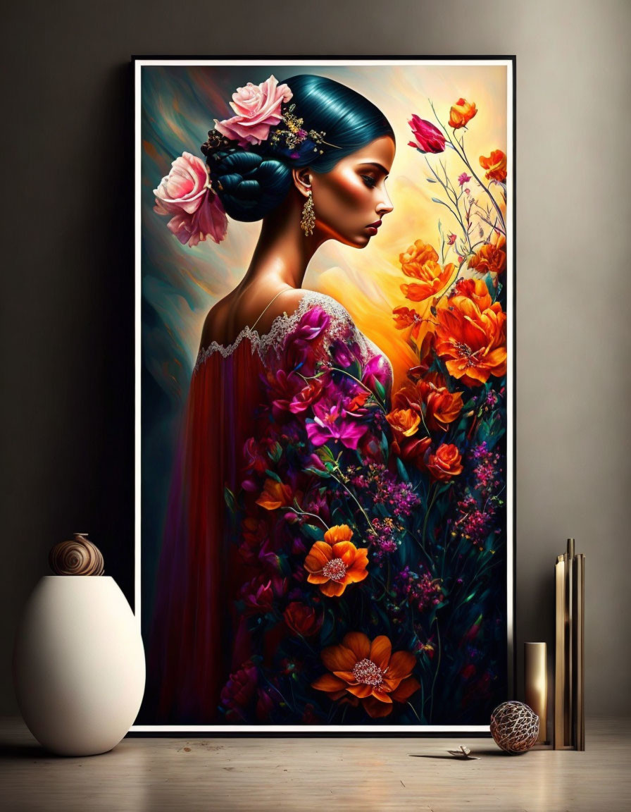 Colorful artwork of woman with flowers in hair, orange and pink blossoms, vase, and books