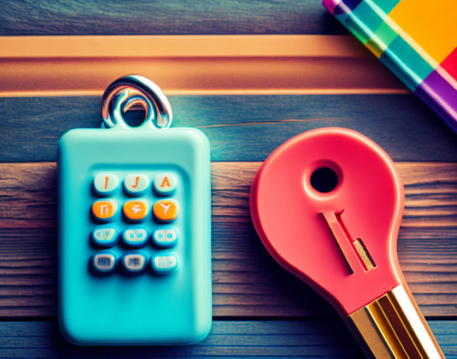 Colorful Toy Key, Blue Calculator, Striped Wrapping Paper on Wooden Surface