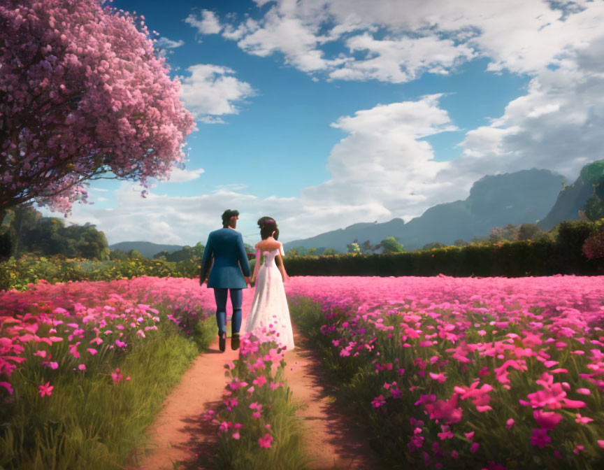 Couple walking through vibrant pink flower field with trees and mountains under cloudy sky