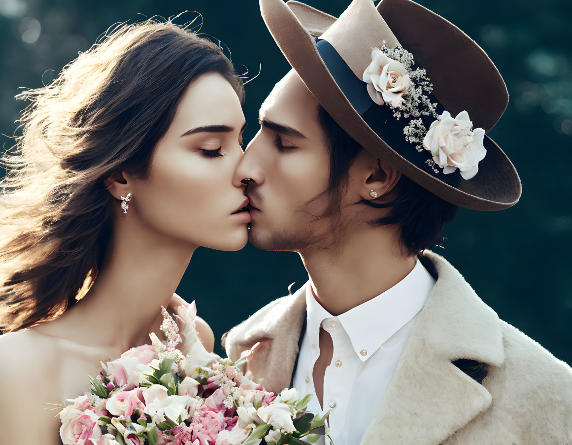 Close-up of couple with bouquet and flower-adorned hat