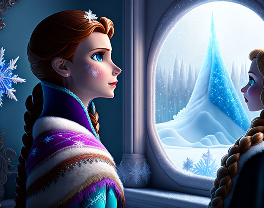 Animated character with braid gazes at snowy landscape through window