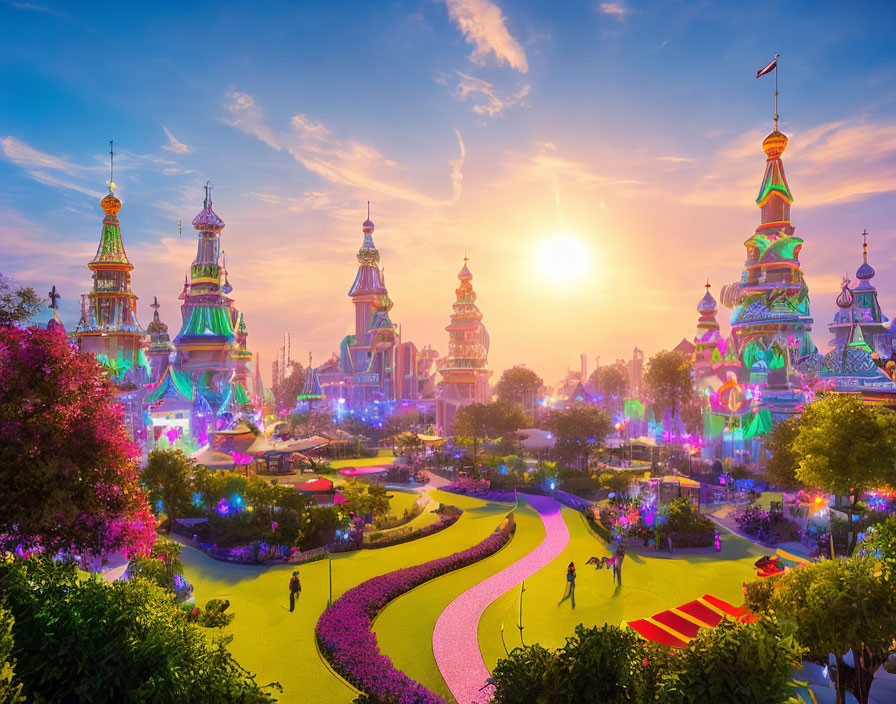 Colorful Theme Park with Ornate Spires, Landscaped Gardens, People, and Sunset Sky