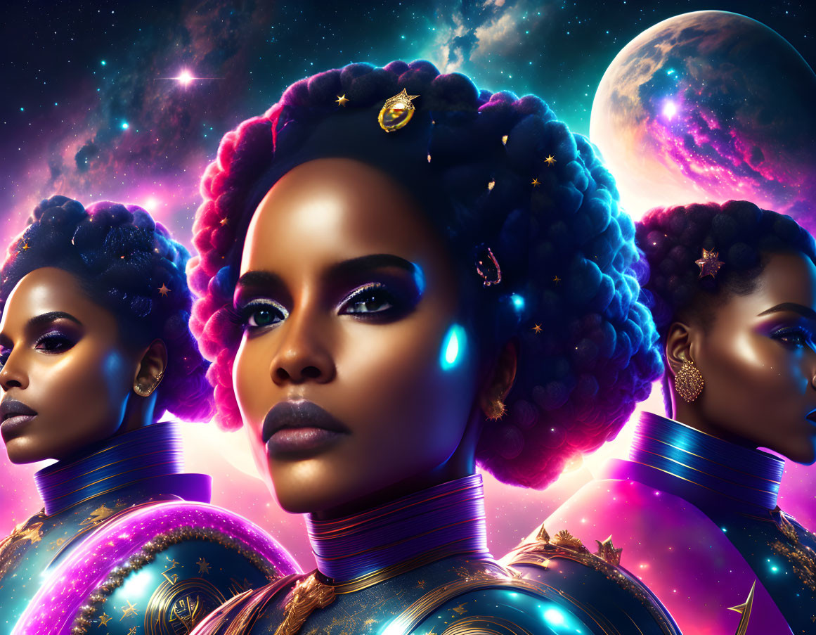 Stylized women with afro hairstyles in cosmic setting