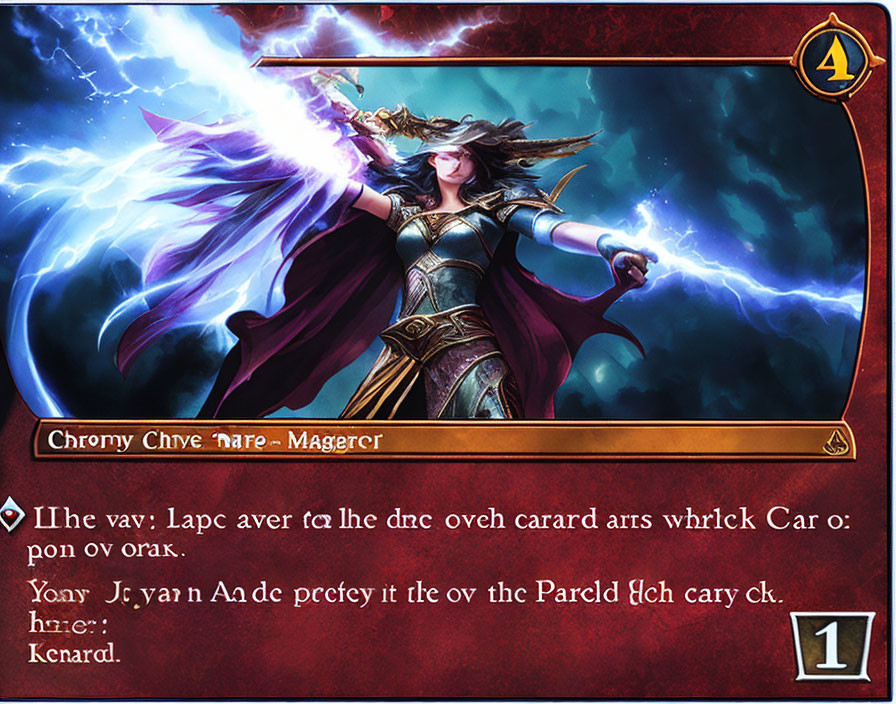 Female mage in fantasy armor casting blue spell against stormy sky background on card with obscured text