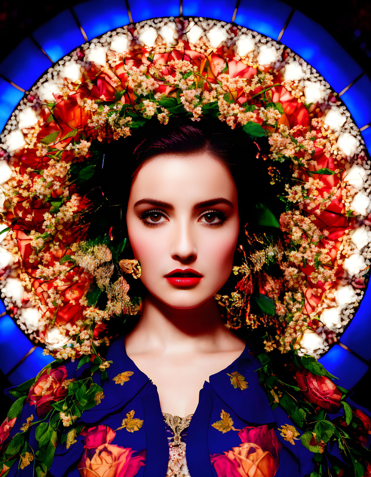 Woman in Floral Headpiece and Blue Dress on Stained-Glass Background