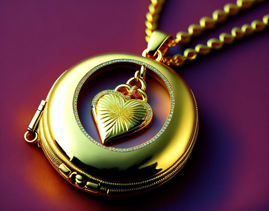 Heart-shaped golden locket on chain against purple background