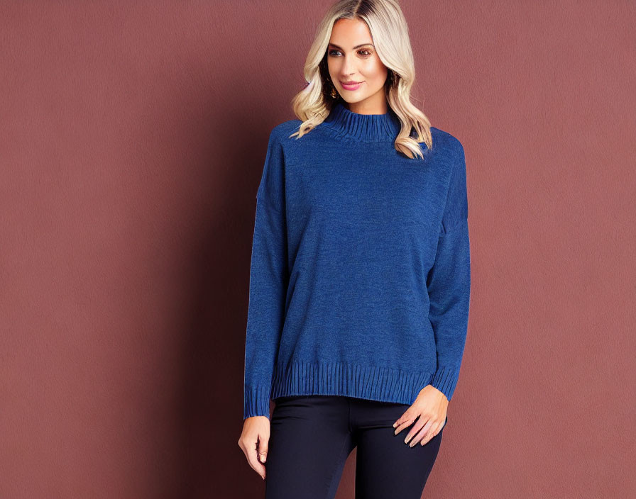 Fashionable Woman Wearing Blue Turtleneck Sweater