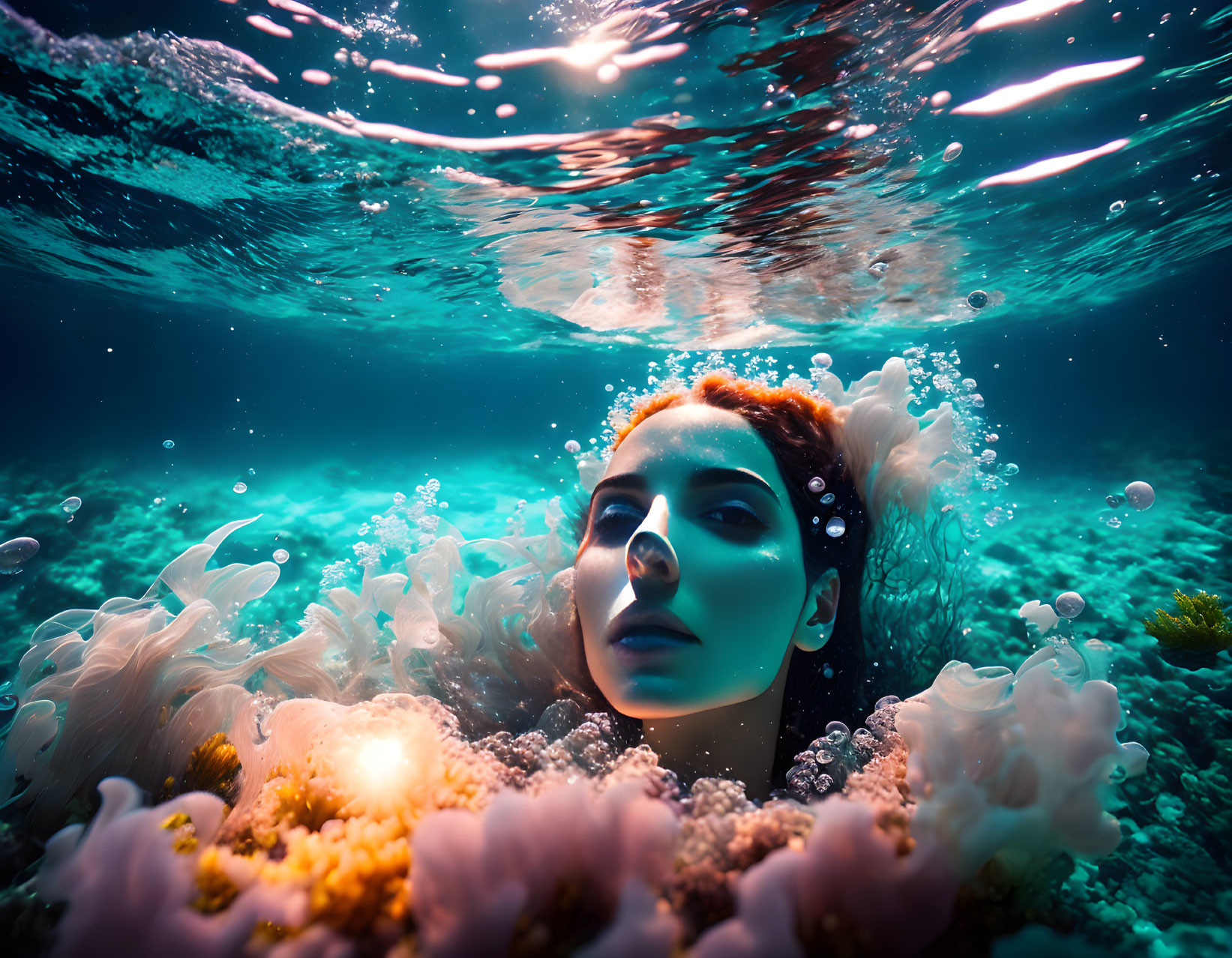 Vibrant Red-Haired Woman Floating Among Coral and Bubbles