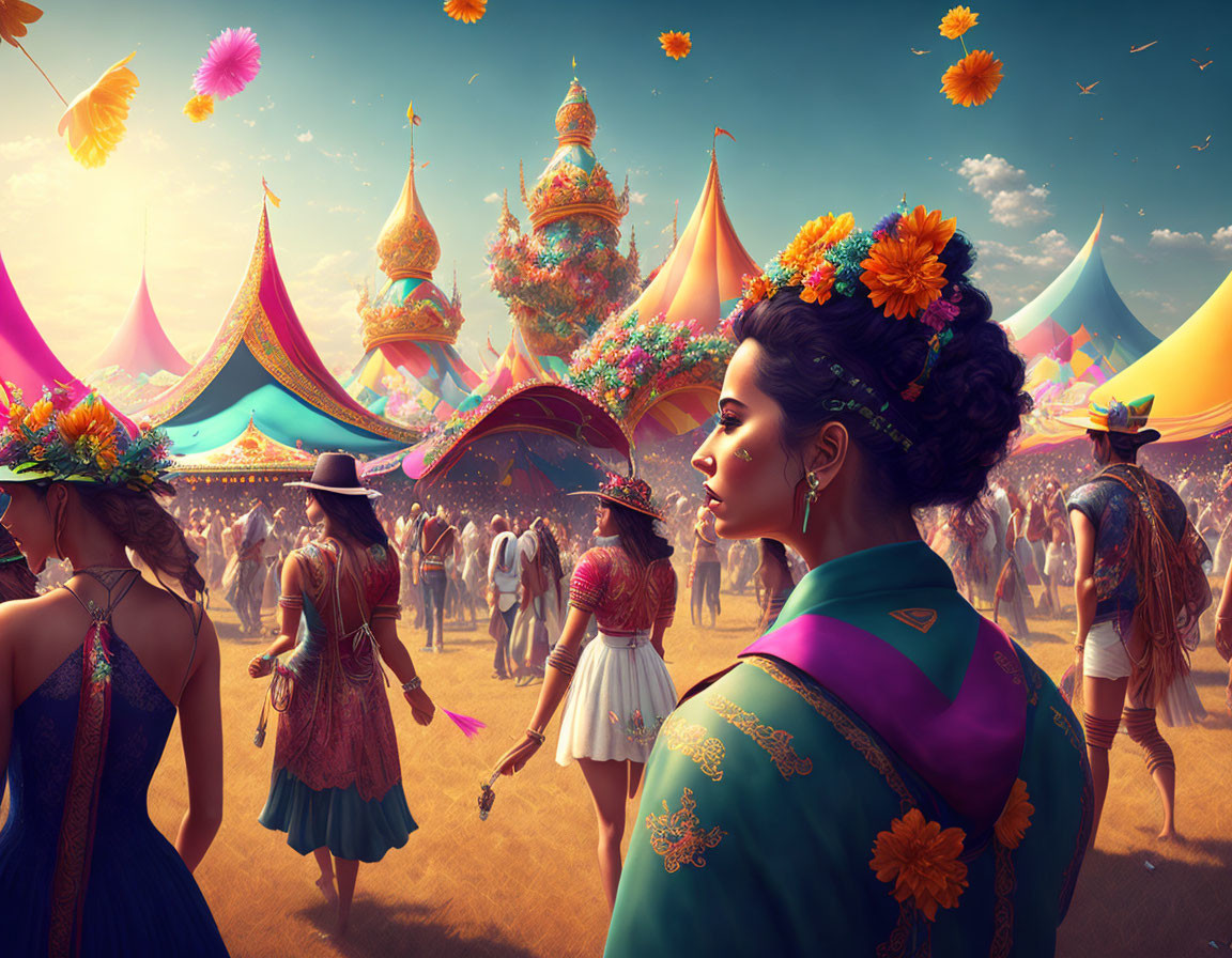 Colorful Festival with Vibrant Attire, Whimsical Tents, and Floating Flowers