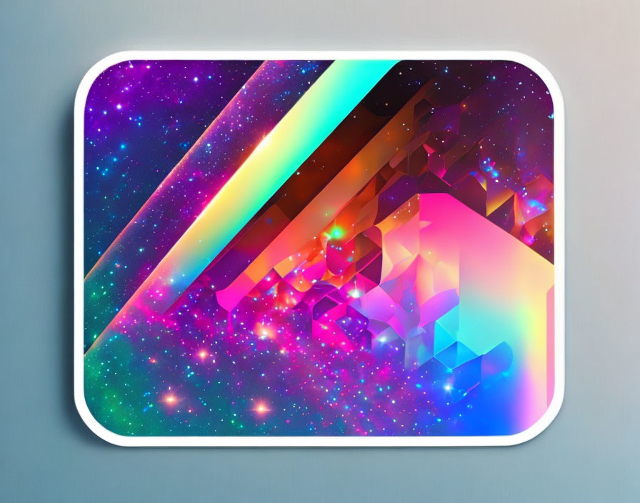 Colorful cosmic app icon with neon lines, geometric shapes, and stardust on space background