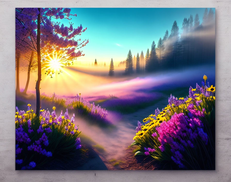 Vibrant purple flower field with sunrise, trees, and clear pathway