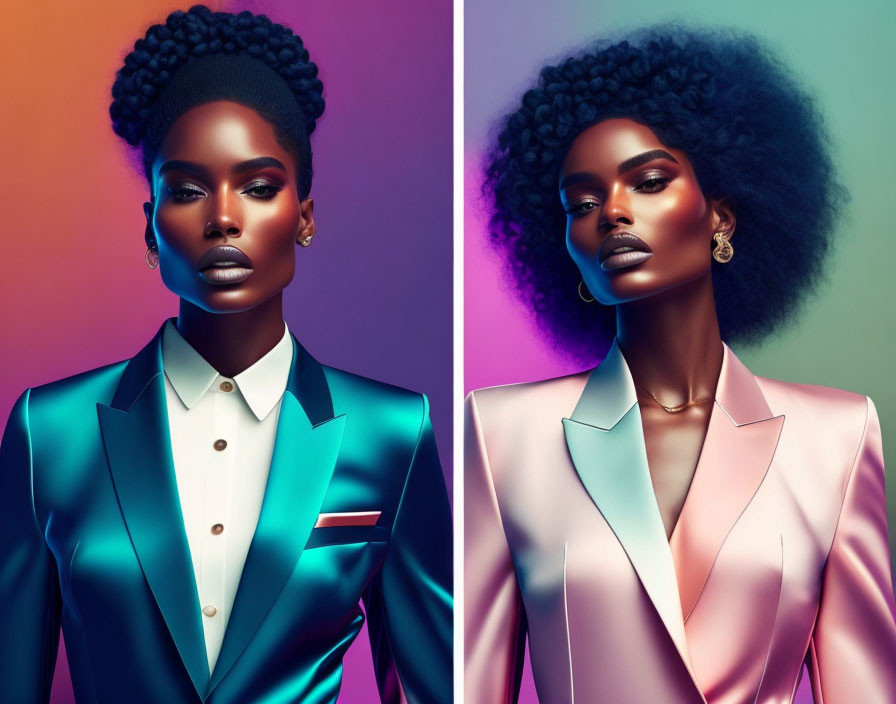 Fashion models in teal and pink suits with striking make-up on gradient backgrounds