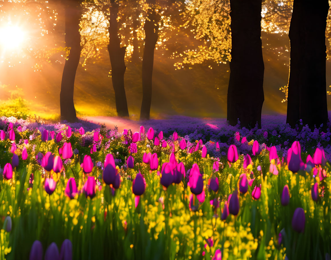 Blooming tulips in sunlit field with shadowed trees