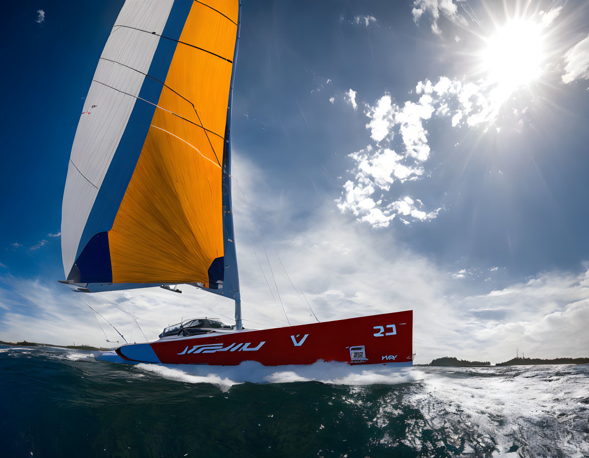 Vibrant orange and blue sailboat on water under sunlit sky