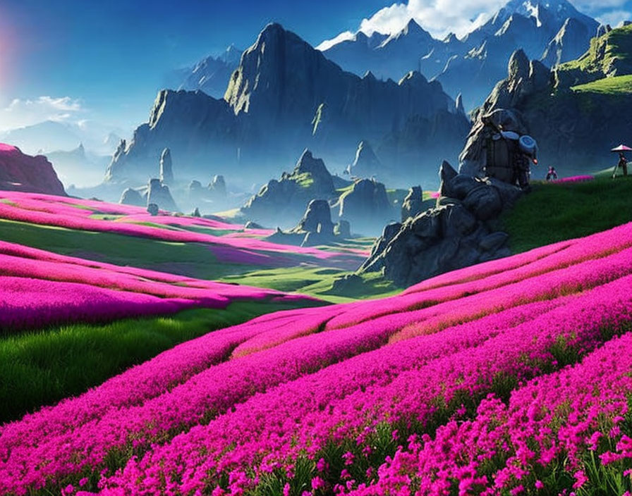 Vibrant pink flowers in lush landscape with towering mountains.