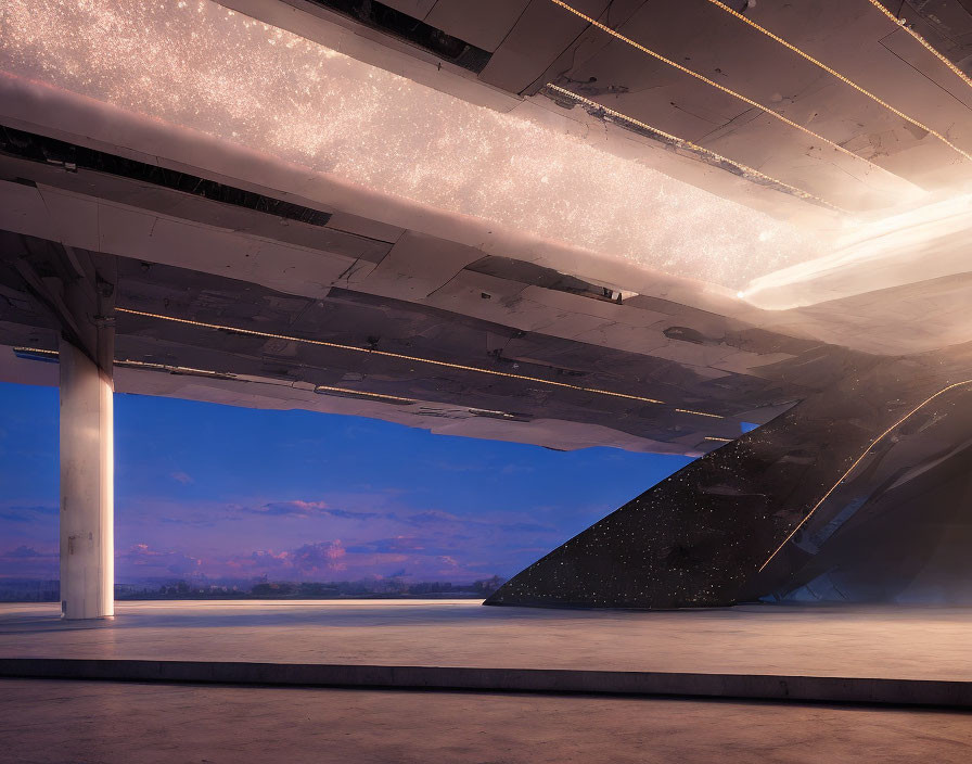 Architectural structure with glowing starry underside over open space at twilight