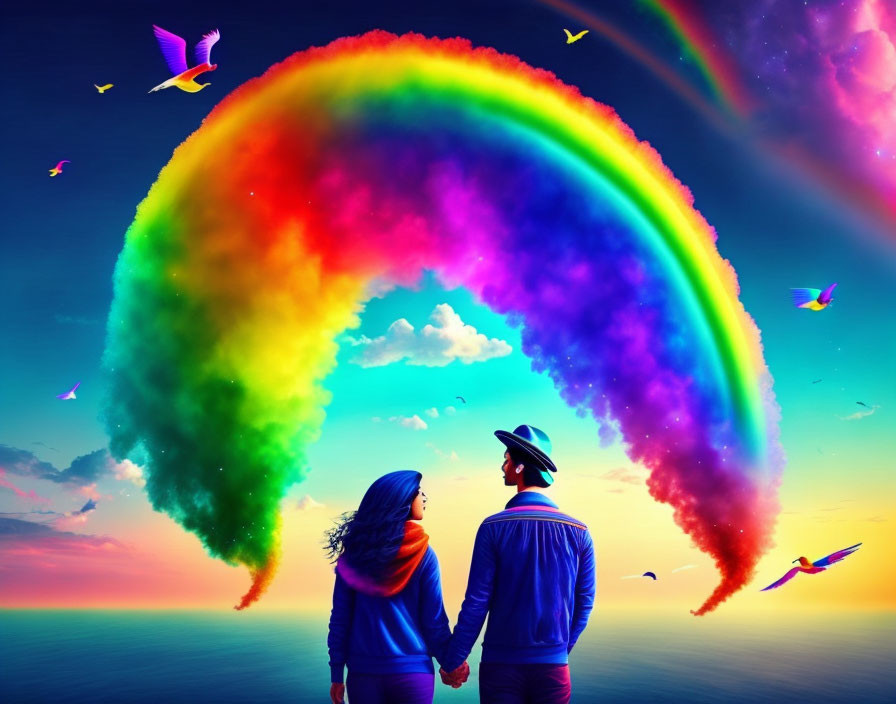 Colorful digital artwork: couple holding hands under fluffy rainbow with birds at sunset