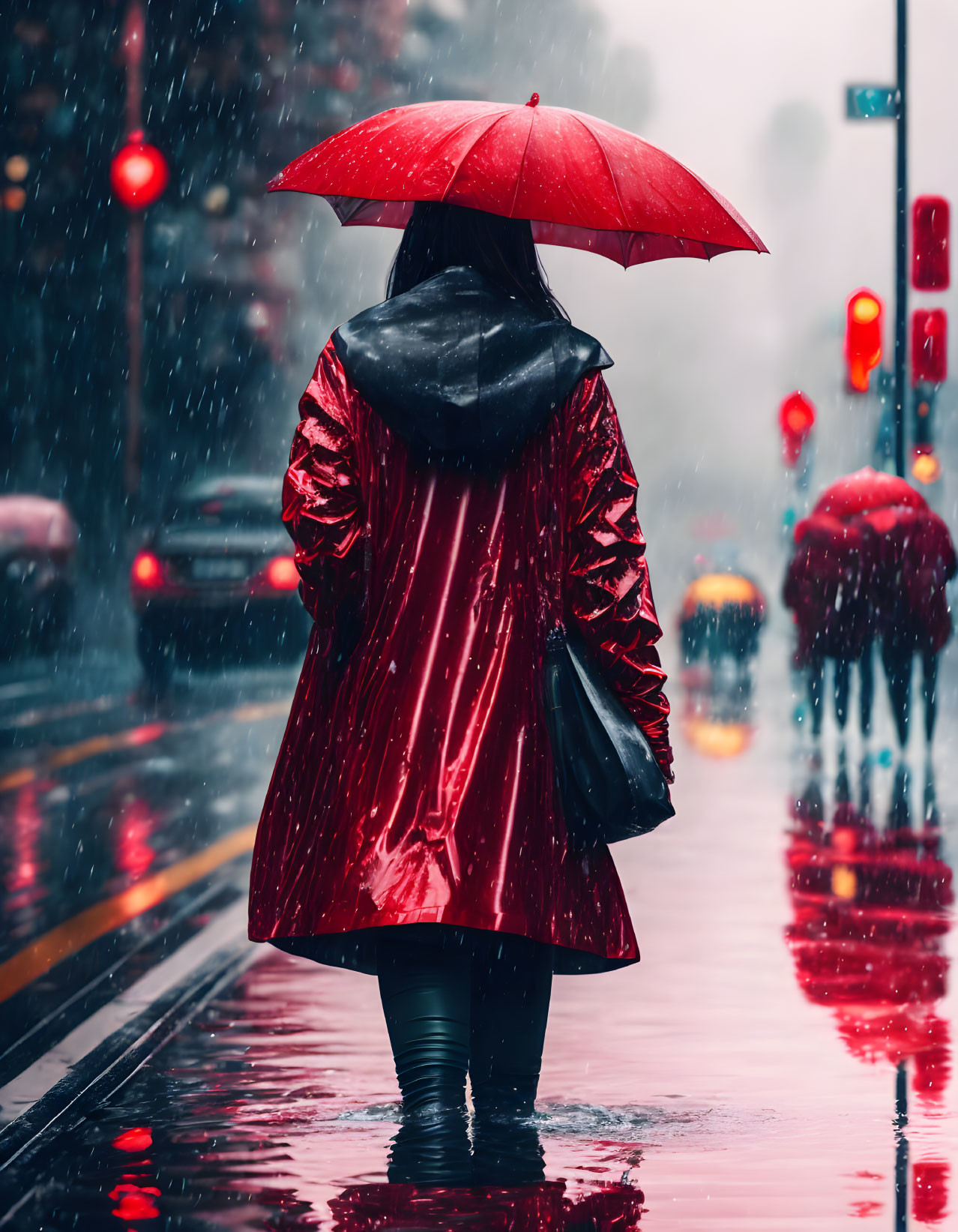 Person in Red Raincoat and Umbrella on Rainy Street with Traffic Lights