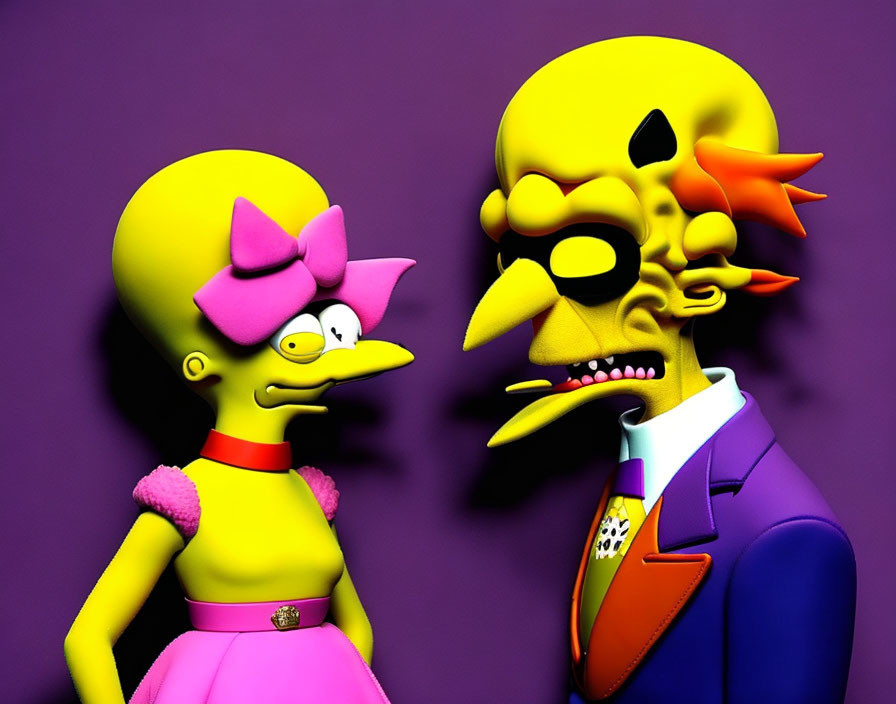 Stylized 3D characters with exaggerated features on purple background