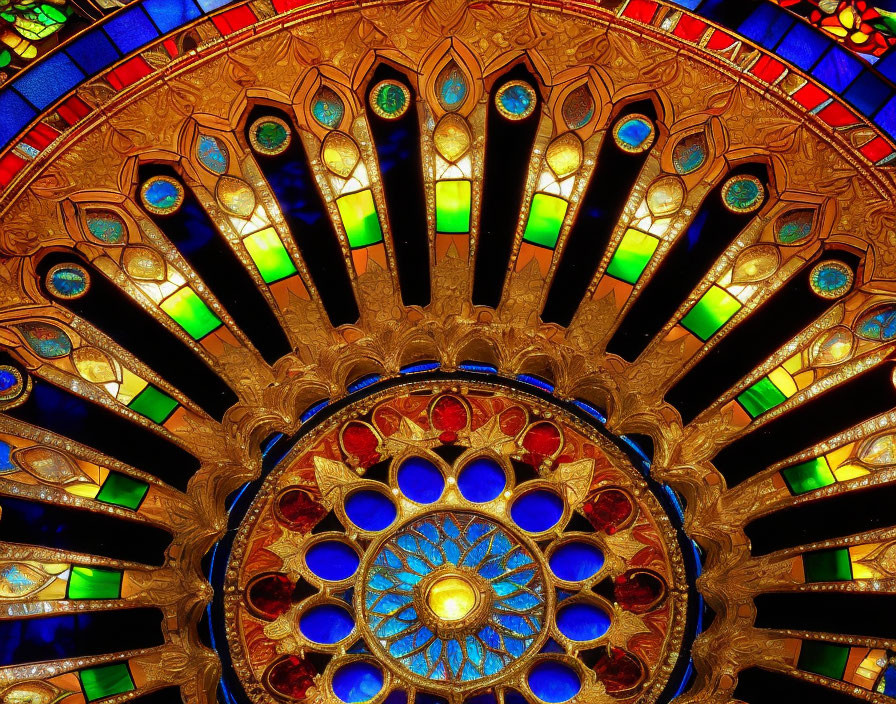 Colorful stained glass window with peacock feather design in radiant colors.